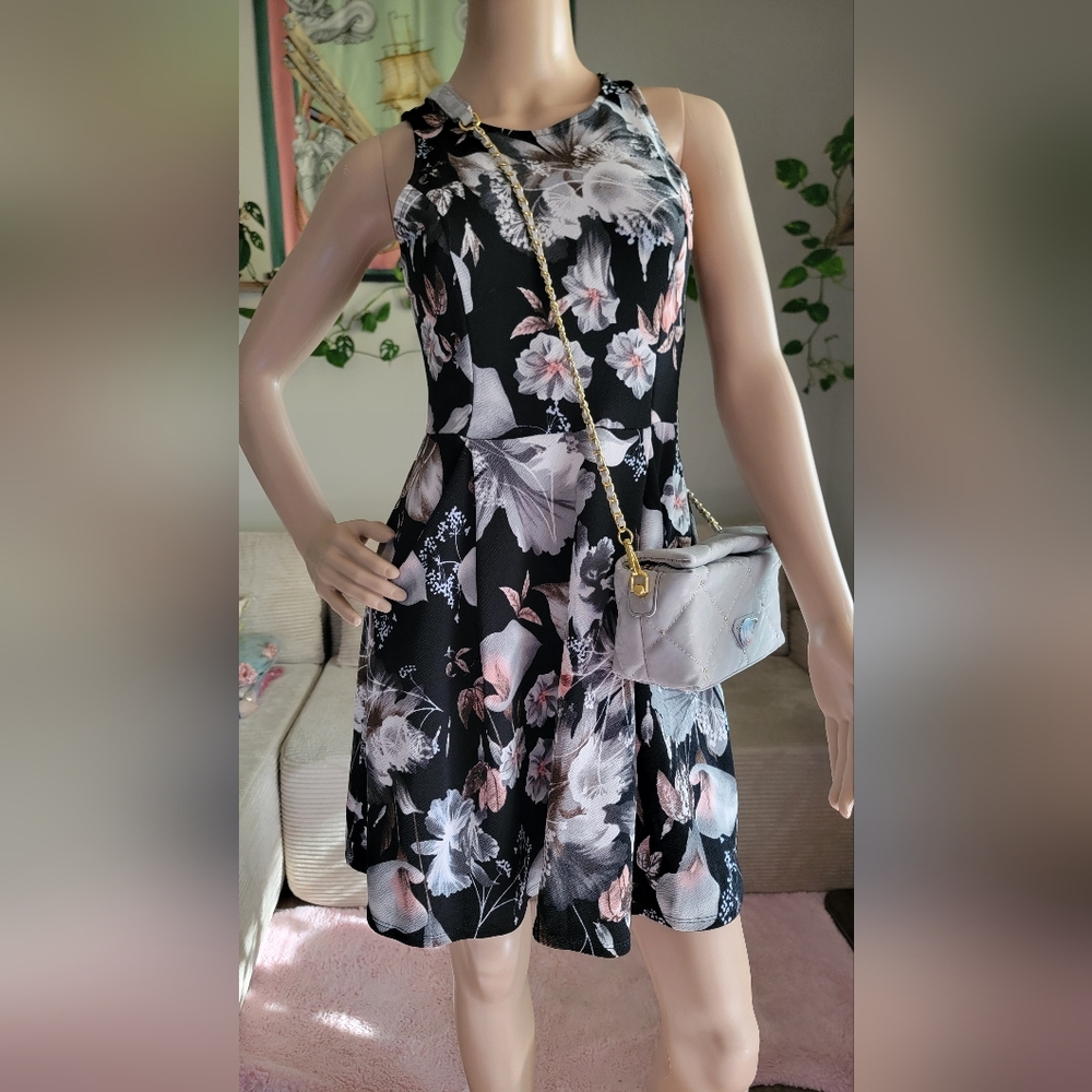 Aqua Floral Sleeveless Dress With Pockets